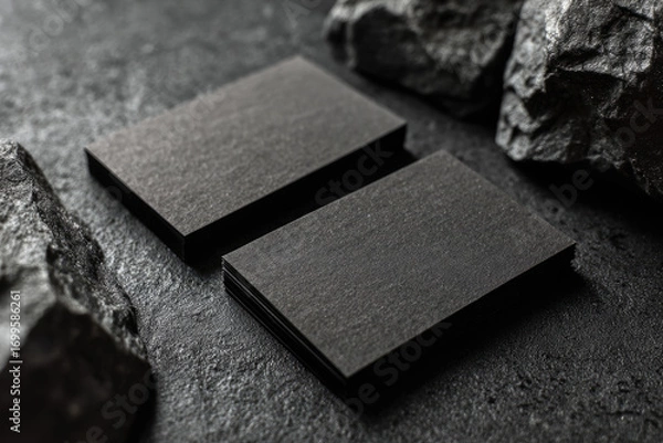 Fototapeta Two real black business cards on elegant dark background, Empty template for luxury stationery mockup