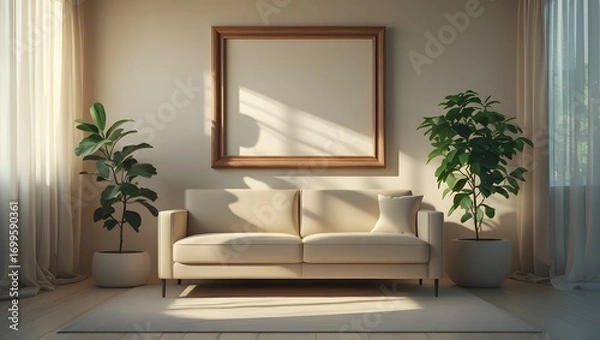 Fototapeta Modern Beige Sofa, Wooden Frame Mockup, Sunlit Living Room, Minimalist Plants, Calm Interior Design