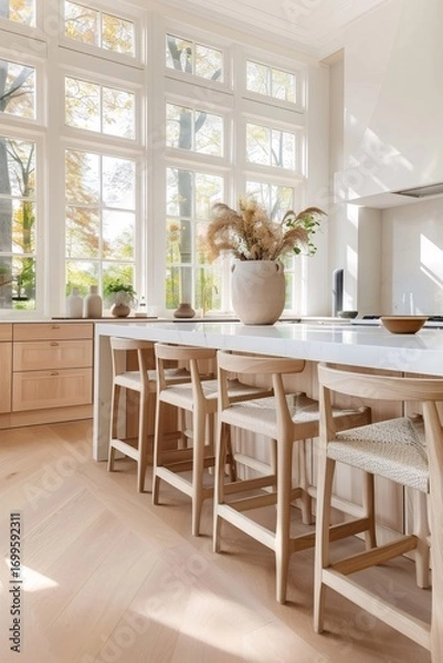 Fototapeta Modern kitchen with wooden bar stools and large windows illuminating autumn landscape