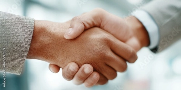 Fototapeta Handshake representing effective communication, minimalistic office setting, neutral background