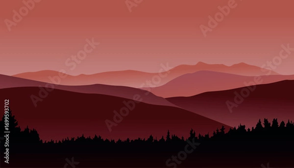 Fototapeta Mountain landscape panorama with forest. Minimalistic flat design in vector. Trendy colors.