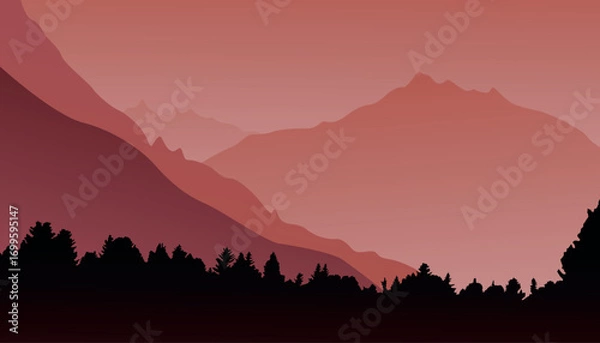 Fototapeta Mountain landscape panorama with forest. Minimalistic flat design in vector. Trendy colors.