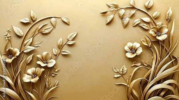 Fototapeta Vibrant 3D Floral Background with Golden Grass and Stucco Elements