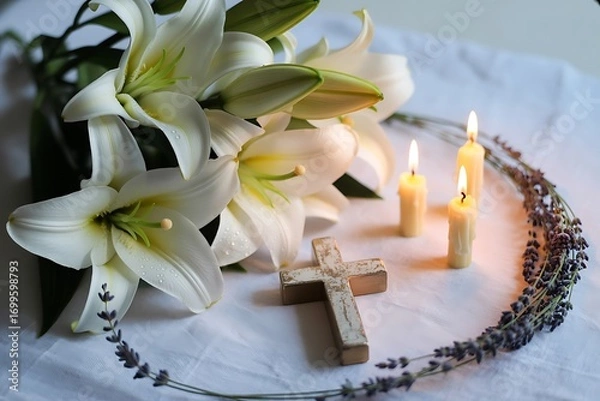 Fototapeta Elegant white lilies with glowing candles and a wooden cross create a serene and comforting spiritual ambiance for memorial services