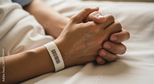 Fototapeta Patient hand with hospital wristband resting on white bed sheets showing calm and hope