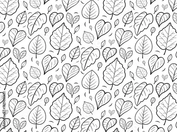 Obraz Black and White Seamless Leaf Pattern with Hand Drawn Botanical Elements