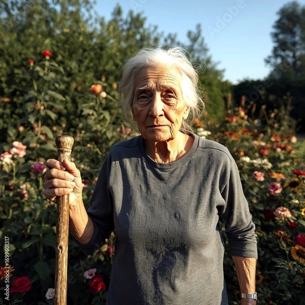 Obraz Elderly woman practicing balance exercises using walking stick near garden pathway improving mobility
