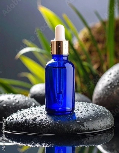 Fototapeta Blue glass skincare bottle with pipette placed on smooth stone with water droplets, spa aesthetic
