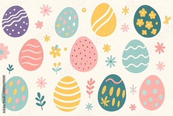 Fototapeta イースターエッグと花柄のイラスト背景