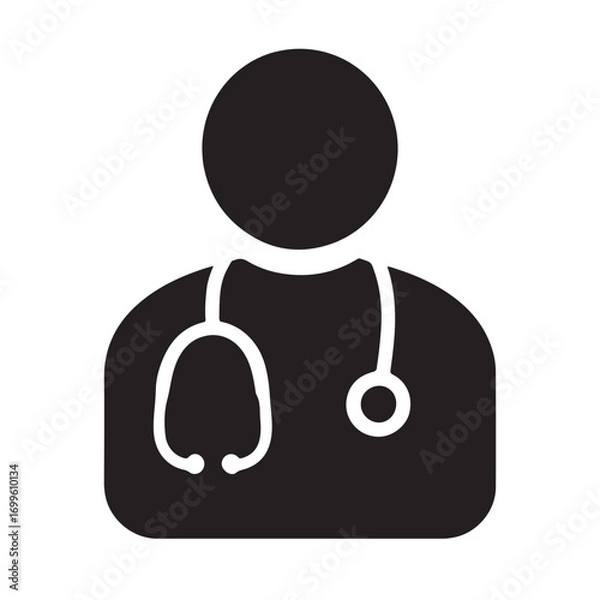 Fototapeta Black silhouette of a doctor with a stethoscope isolated on a clean white background representing healthcare professionals isolated on white background