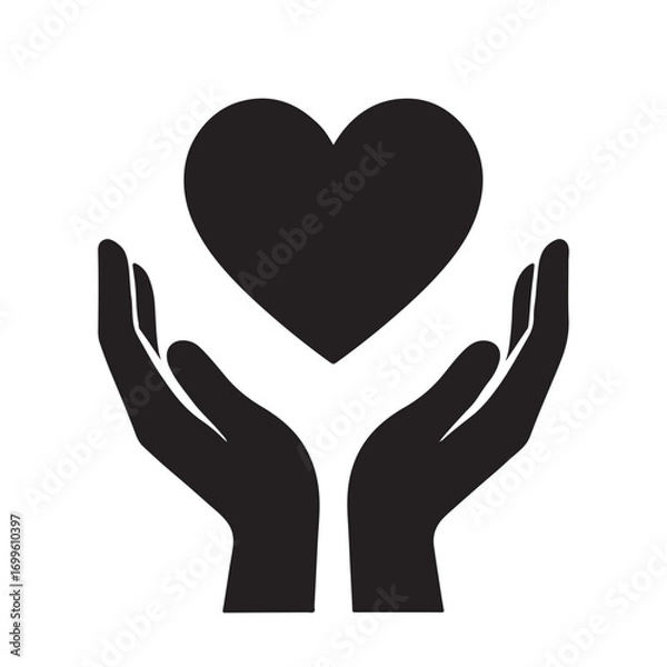 Fototapeta Black silhouette of open hands gently holding a heart shape isolated on white background