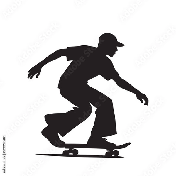 Fototapeta Dynamic silhouette of a skater performing a trick on a skateboard isolated on white background