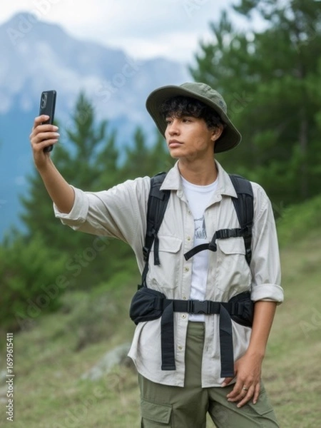 Fototapeta young male hiker and content creator taking a selfie or live-streaming on his smartphone in a mountainous landscape.