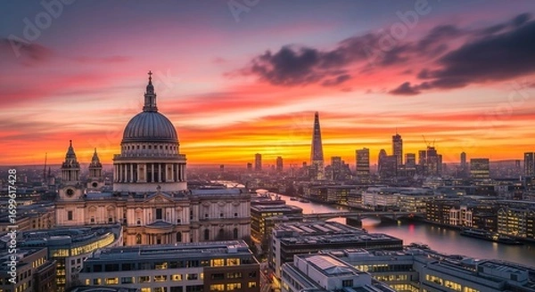Obraz London skyline at sunset with St. Paul's Cathedral and The Shard