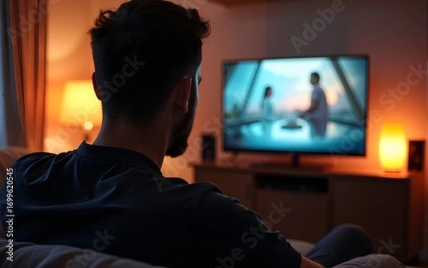 Fototapeta A man sits at home and watching videos on the internet. High quality