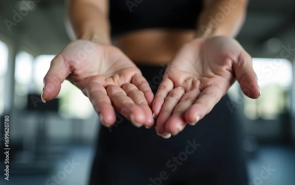 Fototapeta Bottom view of women stacking hands before exercising in gym. High quality