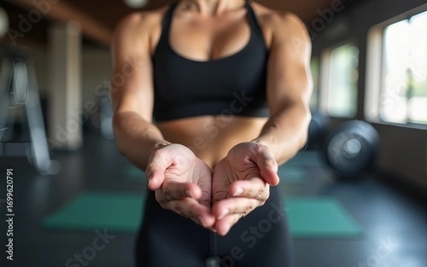 Fototapeta Bottom view of women stacking hands before exercising in gym. High quality