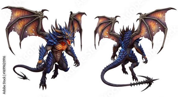 Fototapeta Epic fantasy dragon creature with detailed blue scales, wings spread, ready for games, animation, and digital art projects with isolated white background