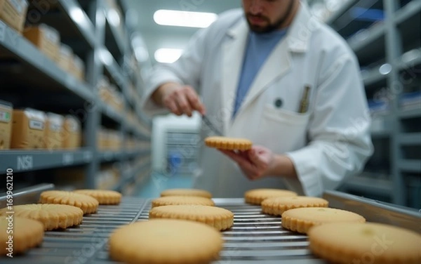 Fototapeta A food factory worker is collecting cookies of the tray in facility. High quality