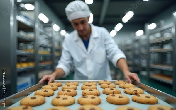 Fototapeta A food factory worker is collecting cookies of the tray in facility. High quality