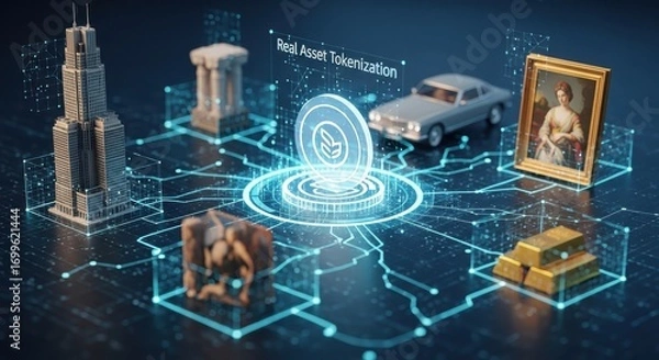 Fototapeta Real Asset Tokenization concept illustration with various valuable objects