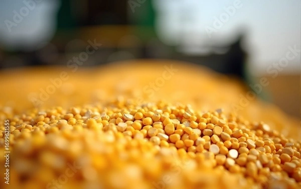 Fototapeta Close up of golden corn grains in the tractor. In the blurry background is a machine separating grains. Agriculture and harvest. High quality