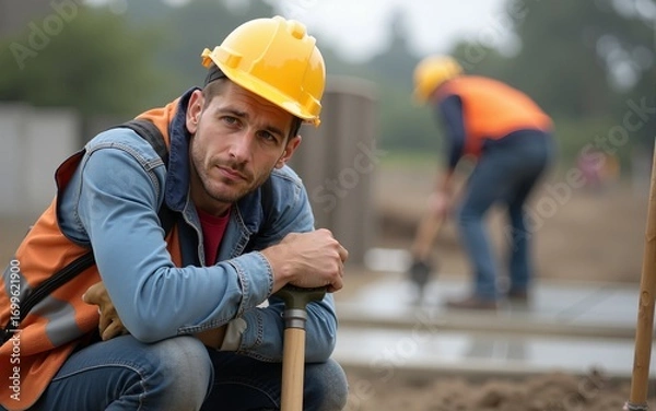 Fototapeta A hardworking builder is leaning on the shovel and taking a break from hard work while other builders concreting building foundation on site in blurry background. High quality