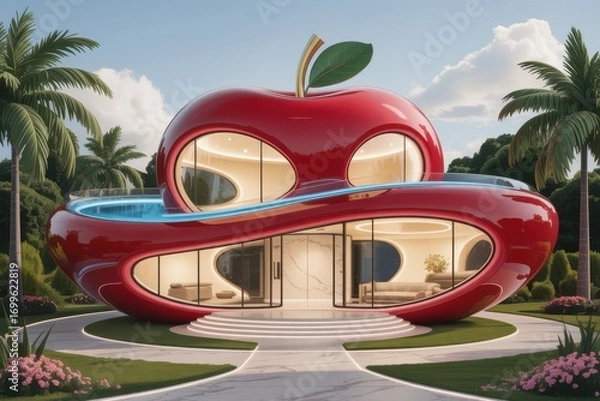 Fototapeta Unique apple shaped house with modern architecture and tropical landscaping