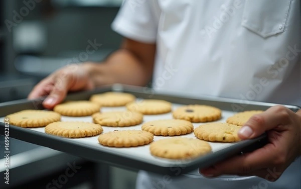 Fototapeta Close up of food factory worker holding tray with cookies. High quality