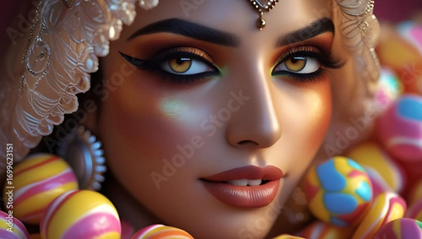 Obraz Woman with dramatic eye makeup posing with colorful eggs