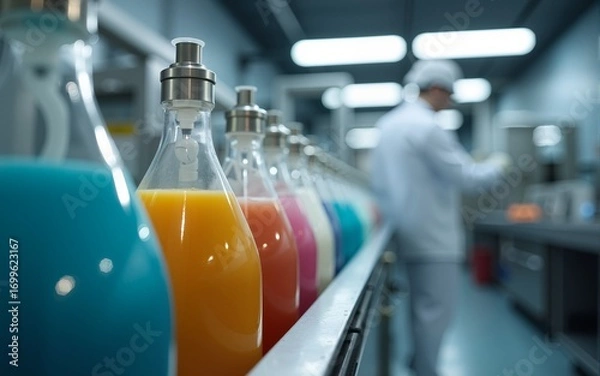Fototapeta Picture of bottles with hair conditioner in row on exit of pouring machine. Chemical factory interior. In background chemist. High quality