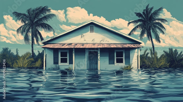 Fototapeta Floodwaters surround a house nestled between palm trees a cloudy sky overhead