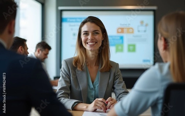 Fototapeta Young businesswoman sitting in conference room on presentation surrounded by her team of experts and looking over the shoulder at the camera. High quality