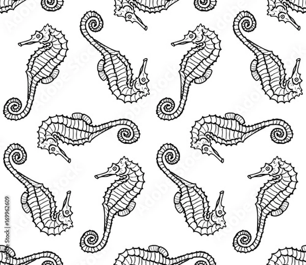 Fototapeta Vector seamless pattern from seahorse silhouette. Hippocampus illustration