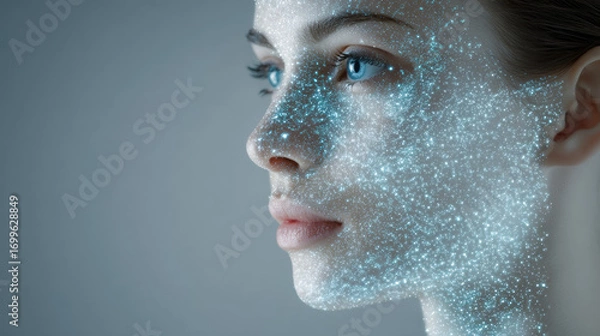 Obraz Young Caucasian  woman face with digital skin analysis overlay glowing in blue particles representing futuristic dermatology technology