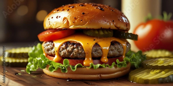 Obraz Classic cheeseburger with lettuce tomato pickles and beef patties