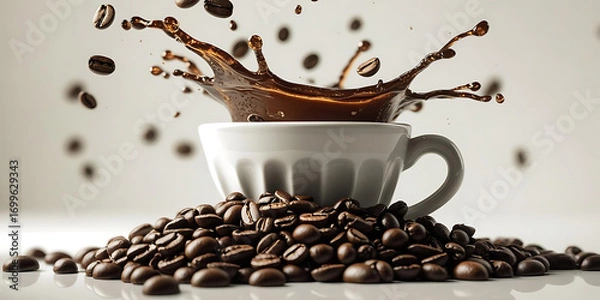 Obraz Coffee splash captured in cup surrounded by roasted beans