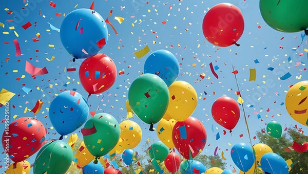 Obraz Colorful balloons floating high in blue sky with confetti