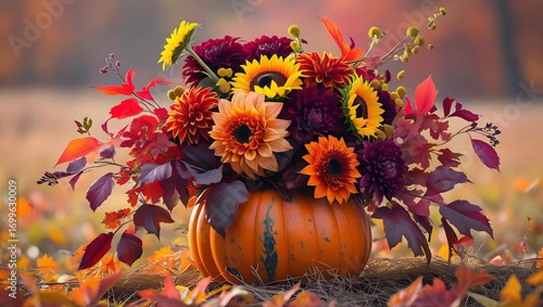 Obraz Pumpkin vase filled with colorful autumn flowers and leaves