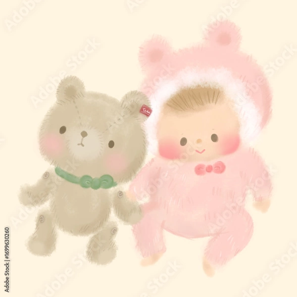 Obraz くまのぬいぐるみとくまの着ぐるみを着た赤ちゃん