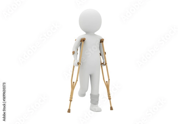 Fototapeta White 3d man figure walking with crutches isolated on transparent background