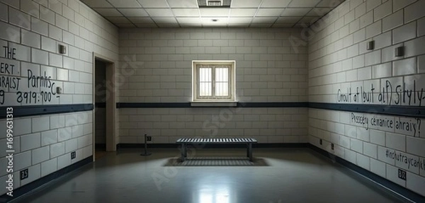 Fototapeta Stark, bare detention room; metal bench, single window, harsh lighting,  official,  immigration