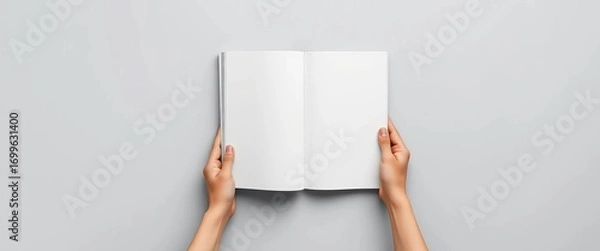 Fototapeta Two hands hold a blank magazine against a gray backdrop  A clean design template,  hands holding,  empty