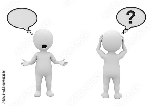 Fototapeta Two 3d figures one confused with question mark speech bubble isolated on transparent background