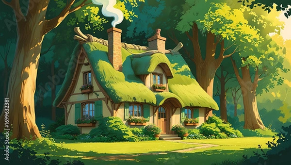 Obraz Enchanting cottage with moss roof surrounded by tall trees