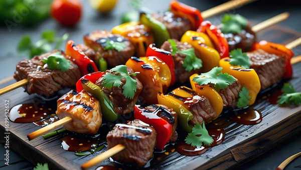 Obraz Delicious skewers of beef vegetables and herbs on plate