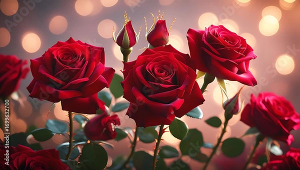 Obraz Beautiful blooming red roses with leaves and soft bokeh