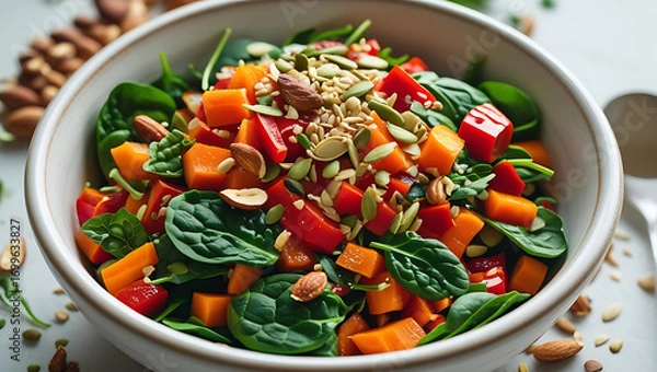 Obraz Fresh vegetable salad with spinach peppers carrots and seeds