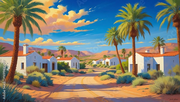 Obraz Scenic desert town with mountains palm trees and rooftops
