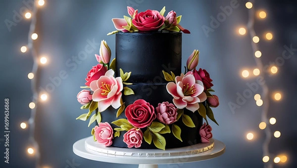 Obraz Stylish wedding cake illuminated by string lights at night